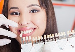 Woman's smile compared with tooth color chart